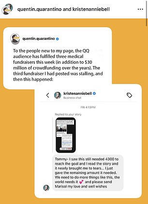 The movie star's incredible generosity came after Instagram personality Quentin Quarantino messaged her asking if she could help raise awareness of the cause