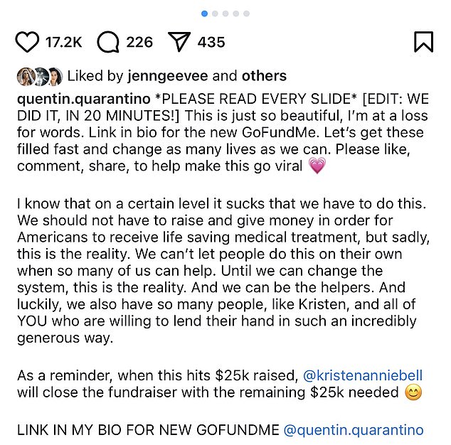 Tommy shared another fundraiser on Instagram after reaching the fundraising goal for Mia