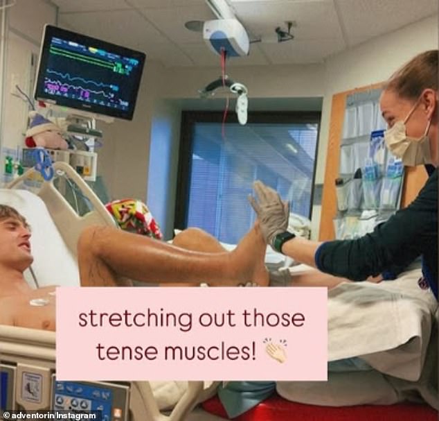 His wife shared images of Orin during physiotherapy on Monday, stretching his 'tense muscles' with a nurse in the hospital.