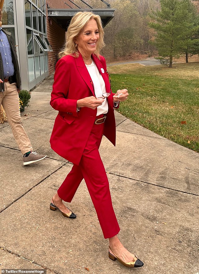 CAST SHADOW? Jill Biden wore a red pantsuit on Election Day - a color usually reserved for Republicans. The bold choice led a Fox News host to suggest she vote for newly elected President Donald Trump instead of her husband's replacement, Vice President Kamala Harris.