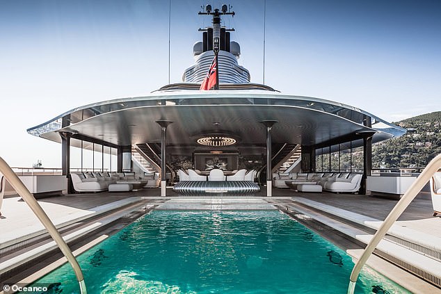 Kaos' impressive features continue with a helipad, a 12-seater cinema, a massage parlour, a hammam and a gym. Pictured: A swimming pool on top of the 111-meter-long ship, which cost $300 million