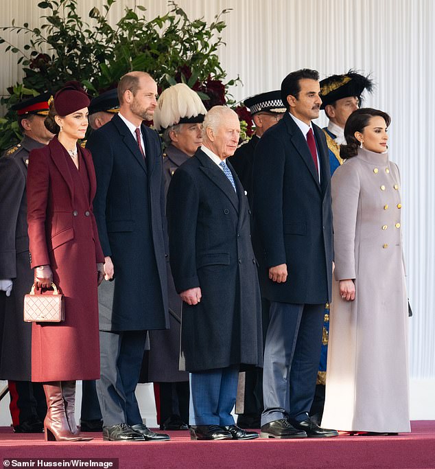 The Royal Family was in full force today to welcome the Emir of Qatar, Sheikh Tamim bin Hamad Al Thani, and his wife, Sheikh Jawaher (photo from left to right: The Princess of Wales, Prince William, King Charles, the Emir of Qatar, Sheikh Tamim bin Hamad Al Thani, and his wife, Sheikha Jawaher)