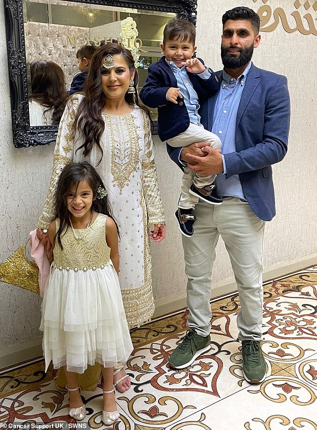 Zakariyah, known as Zak, from Crawley, West Sussex (pictured with his mother Amina, father Suhaib and sister Kyra) stubbed his little toe in May 2022, leaving it painful and pink. But within four days he was diagnosed with cancer