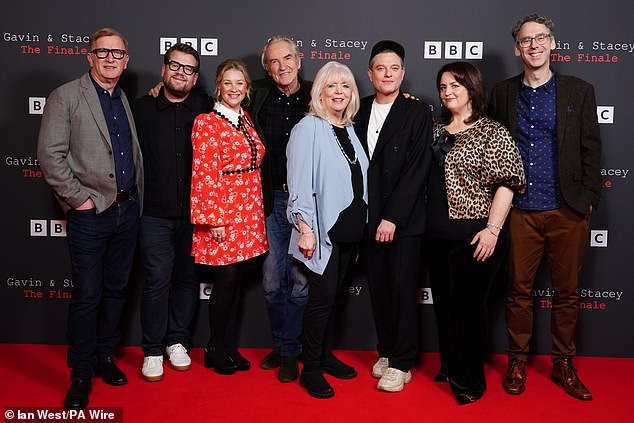 The entire cast of Gavin and Stacey arrived on the red carpet together as they said goodbye to the final episode, which airs on Christmas Day (from left: Steffan Rhodri, James Corden, Joanna Page, Larry Lamb, Alison Steadman, Mathew Horne, Ruth Jones and Robert Wilfort)