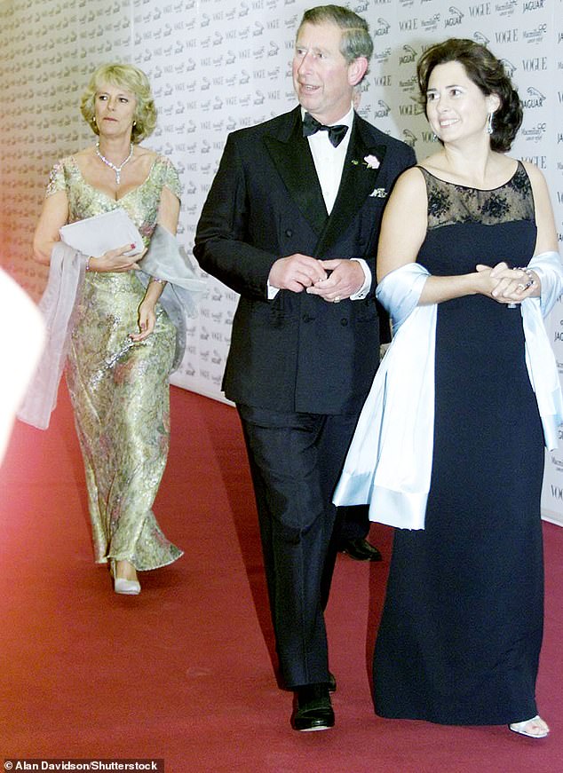 The then Prince of Wales and Camilla Parker Bowles attend a Vogue-hosted party with Alexandra Shulman in 2001