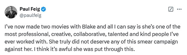 Director Paul Feig, who worked with Lively on A Simple Favor and its sequel, also spoke out in favor of Lively