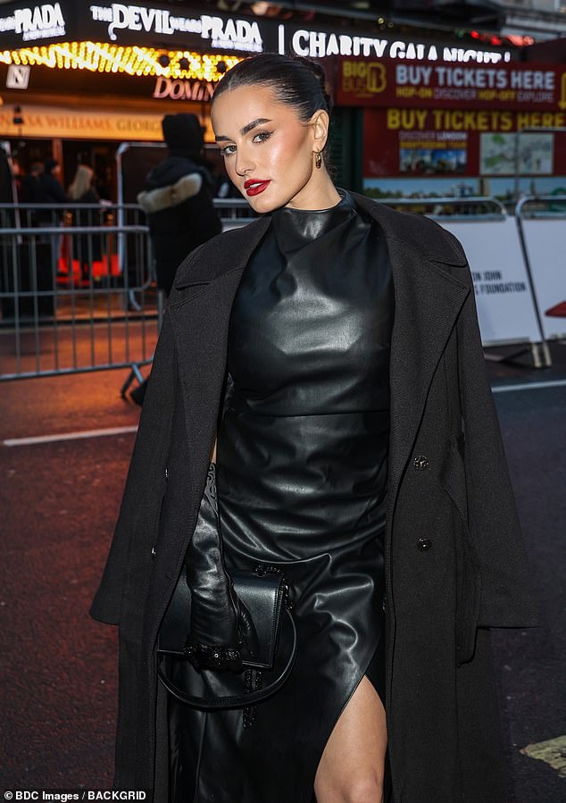 Amber Davies made sure she turned up the heat as she arrived in leather to the opening night of The Devil Wears Prada Musical on Sunday