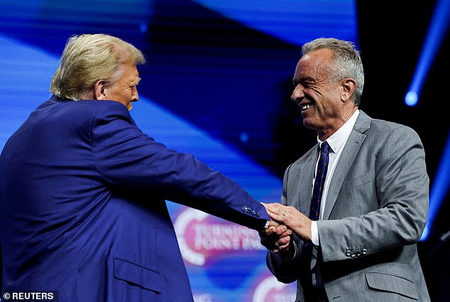 Robert F. Kennedy Jr. and Donald Trump greet each other during a campaign event in Duluth, Georgia, US, October 23, 2024. Kennedy could benefit from recess appointments if his bid for HHS secretary fails.