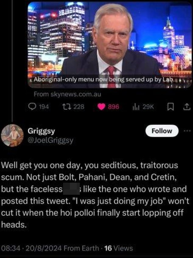 In August, University of Sydney causal officer Joel Griggs responded to a post shared by the Sky News Australia account with presenter Andrew Bolt (pictured)