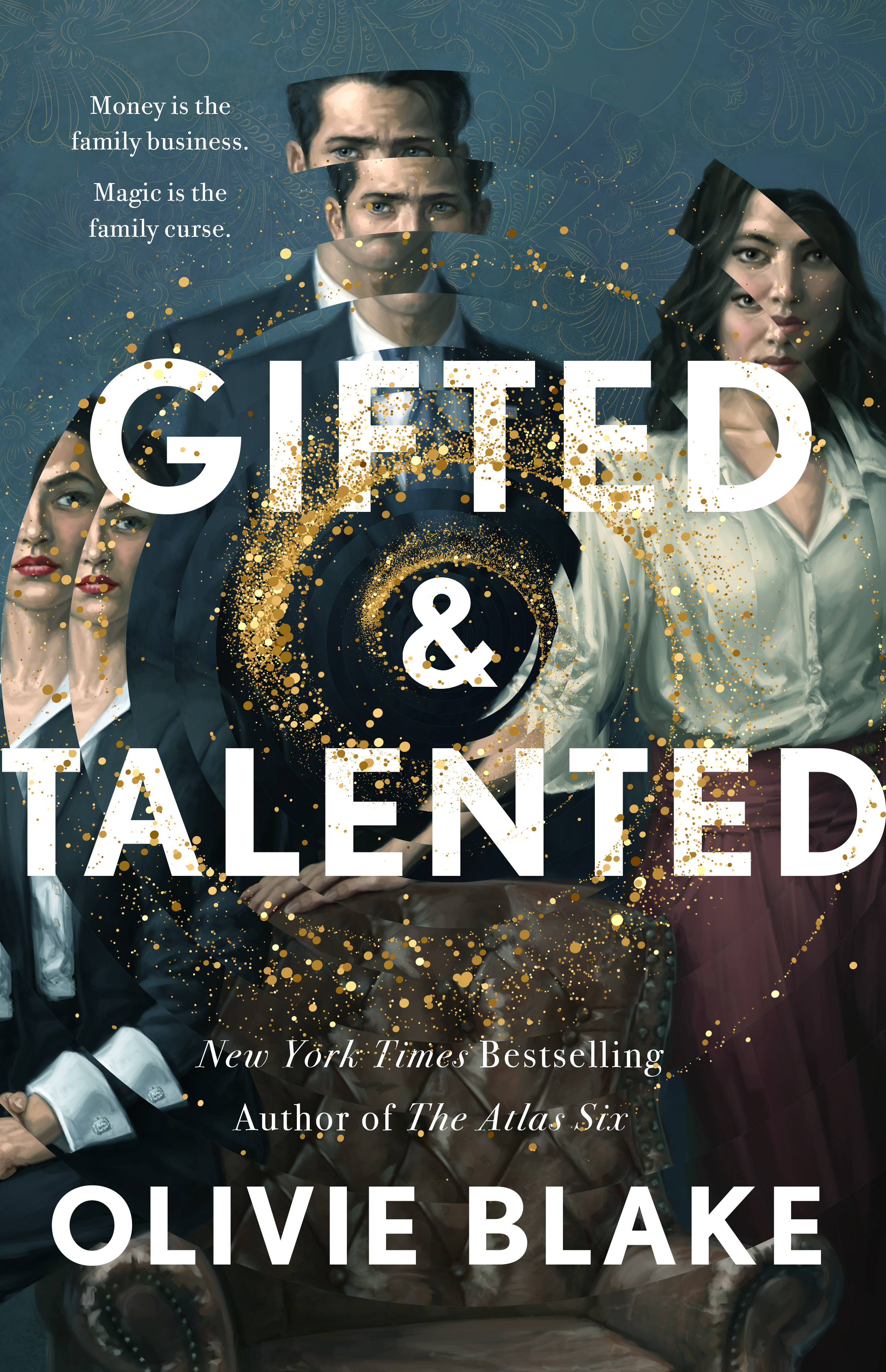 A book cover depicting three young adults standing behind an empty chair, their images distorted by a swirl. The title is Gifted & Talented.