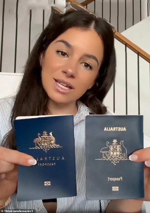 Natalie Vellozzi, 28, (pictured) from Sydney, compared her new passport (left) with her old one (right) after receiving her new one a day earlier