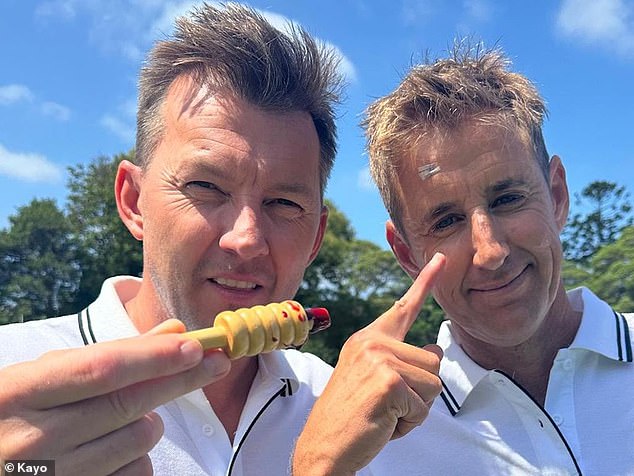 Brett Lee (left) left TV presenter Mark Howard (right) needs stitches this week after a bizarre bowling incident during a shoot