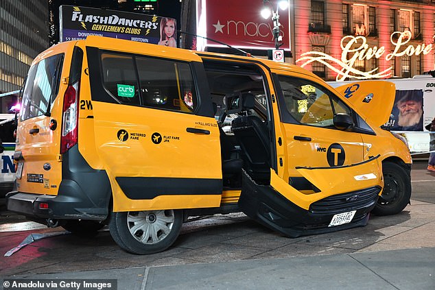 The yellow taxi (pictured) was traveling north on the busy Sixth Avenue strip that was packed with pedestrians and tourists when it pulled onto the sidewalk