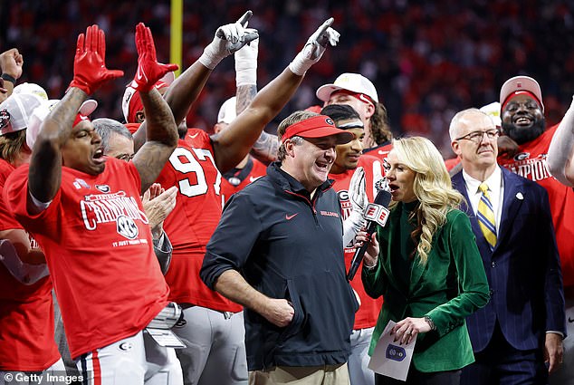 Georgia football coach Kirby Smart (red visor) used Saturday's SEC championship victory as an opportunity to evaluate the scheduling decisions of conference commissioner Greg Sankey (right)