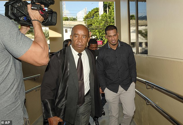 Rays shortstop Wander Franco, right, and his attorney Teodosio Jaquez arrive at the court