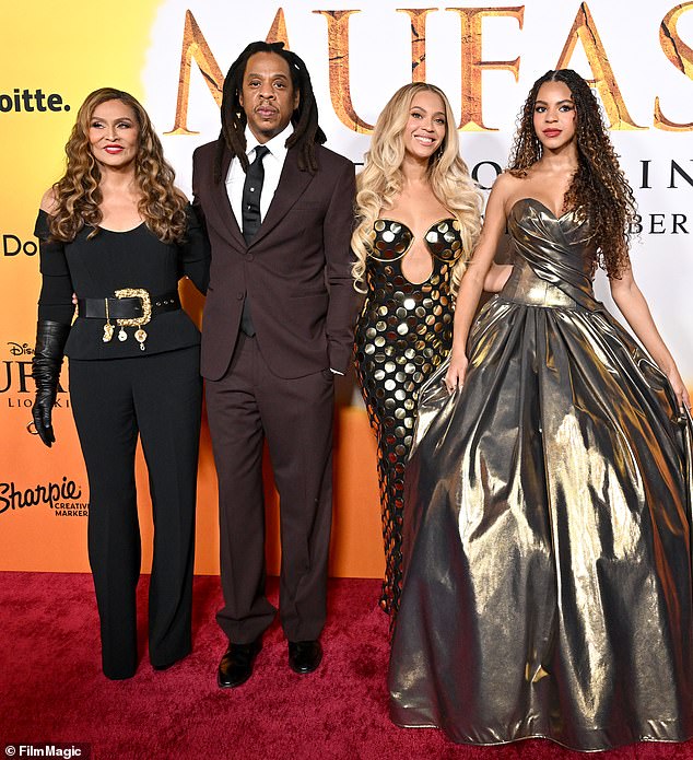 The star and Jay-Z put on a united front at the premiere of Mufasa: The Lion King on Monday with daughter Blue Ivy, 12, and mother Tina Knowles, 70