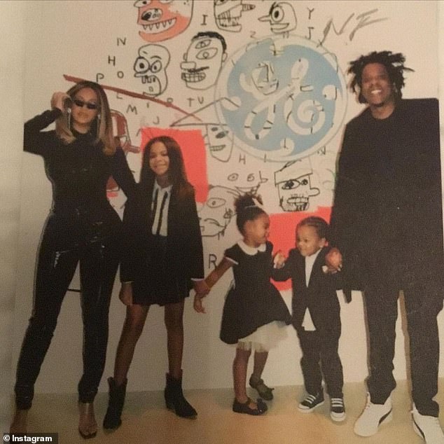 Beyonce and Jay-Z married in 2008 and share three children: Blue Ivy, 12, and twins Rumi and Sir, seven. The family is pictured in 2021