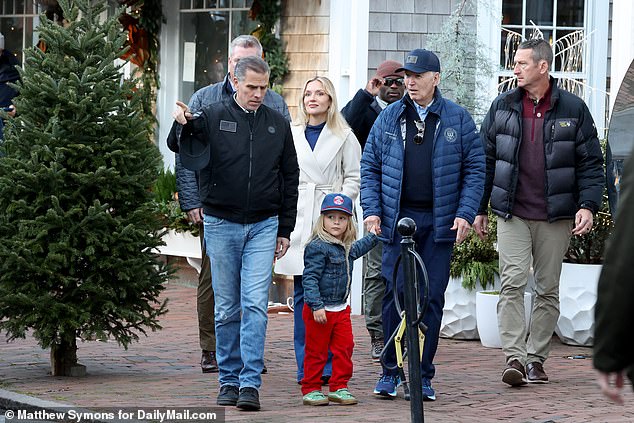 President Joe Biden announced Sunday evening at the end of his Thanksgiving break that he is pardoning his son Hunter Biden, 54, of his three felony charges. Pictured: Hunter Biden, son Beau Biden, wife Melissa Cohen Biden and President Biden have lunch at the Brotherhood of Thieves restaurant on Nantucket Island on November 29