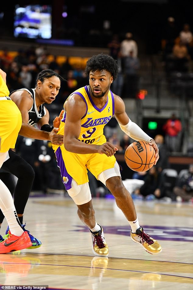 Bronny James of the South Bay Lakers dribbles the ball against the Valley Suns on Thursday