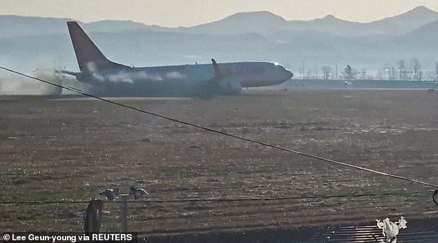 Black smoke billows from Jeju Air plane flight 7C2216 as it deviates from the runway before crashing at Muan International Airport in Muan, South Korea