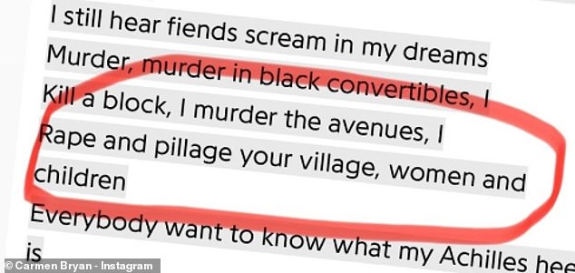 Carmen broke her silence on Jay-Z's rape allegations on Monday, posting to Instagram a screenshot of the lyrics to Jay-Z's verse on Kanye West's song Monster