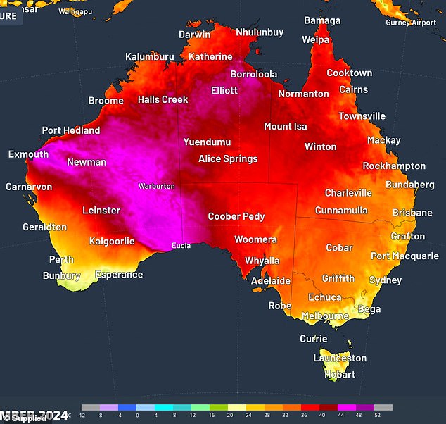 Temperatures are expected to be in the low to mid twenties, with Adelaide reaching Australia's highest temperature of 35 degrees Celsius (pictured, a heat map on Wednesday)