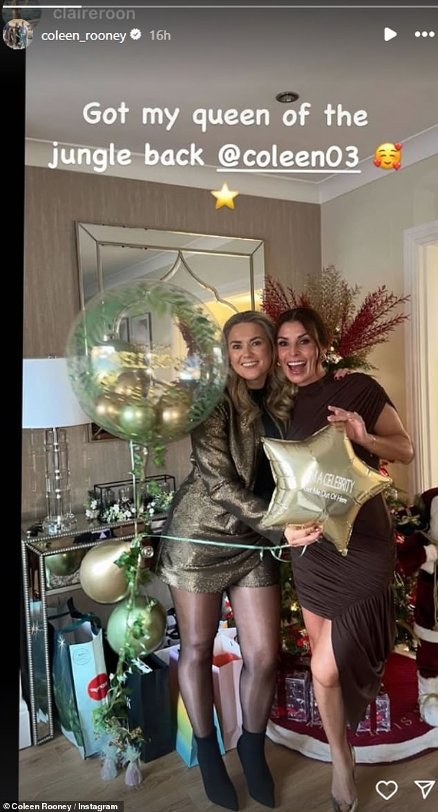 The WAG looked fresh after a boozy I'm A Celeb welcome party with her friends and family on Sunday (pictured with husband Wayne's cousin Claire)