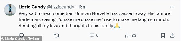 Socialite Lizzie Cundy was one of the first to pay tribute to him, writing on Twitter: 'Very sad to hear that comedian Duncan Norvelle has passed away'