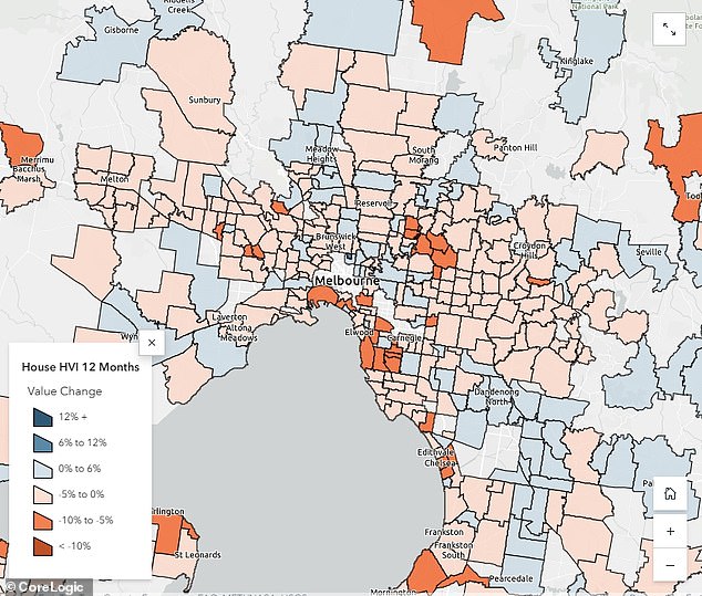 Across Melbourne, house prices have fallen 2.3 per cent to $923,422 in the past year, but prices have fallen more in the more expensive suburbs