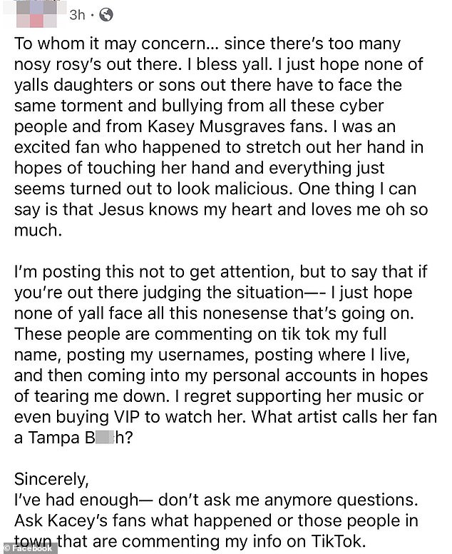 On Monday, X user @spaceyvicky reposted a Facebook post from the alleged woman, who defiantly refused to apologize and even misspelled Kacey's first name