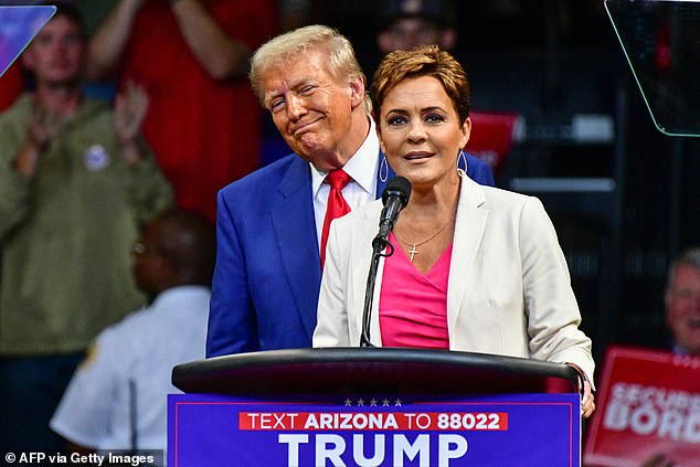 Kari Lake, a former TV host turned politician (photo, center), was announced by Trump (photo, center left) as the new director of Voice of America (VOA) on Wednesday evening.