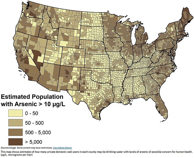 The above map, published in 2017, shows estimated arsenic levels in water from private wells in the US.