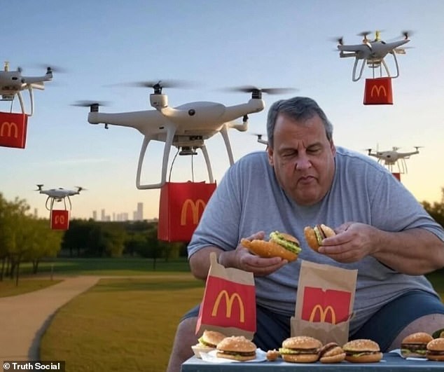 Trump shared an apparent AI-generated image of Christie eating McDonald's, with drones in the background carrying bags from the fast food chain