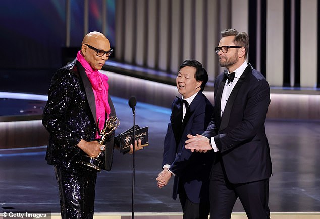 Ru Paul (left) accepts the award for Outstanding Reality Competition Program at the 75th Emmy Awards in Los Angeles in January