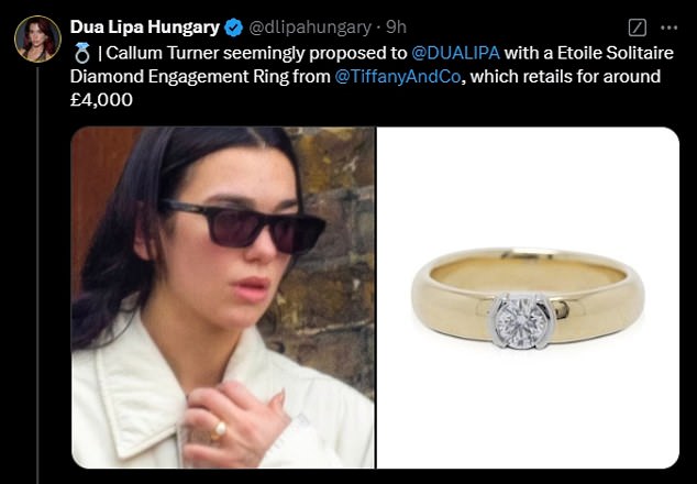 It has not been confirmed where the ring came from or its exact cost, but an X account dedicated to the singer claimed it was the Etoile Solitaire Diamond Engagement Ring from Tiffany and Co.