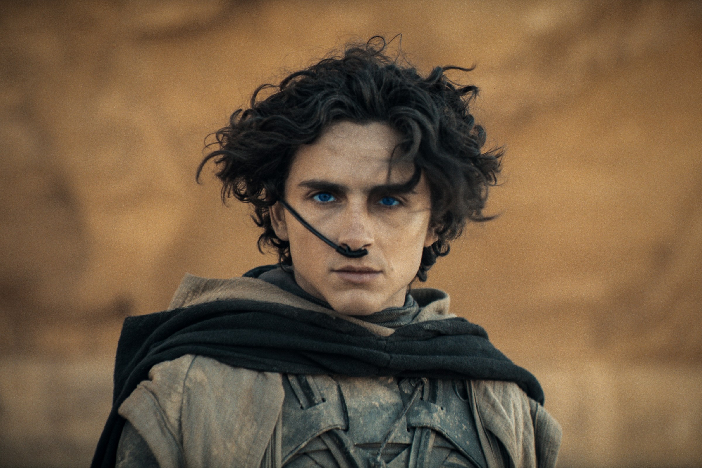 Timothée Chalamet as Paul Atreides in Dune: Part Two, standing in a stationary suit with a giant rock behind him