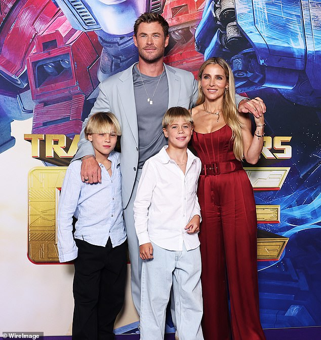 Chris and Elsa (pictured with their twin sons Tristan and Sasha) live in Byron Bay in a sprawling $30 million, eight-bedroom mansion on a huge 4.2-acre plot of land in Broken Head