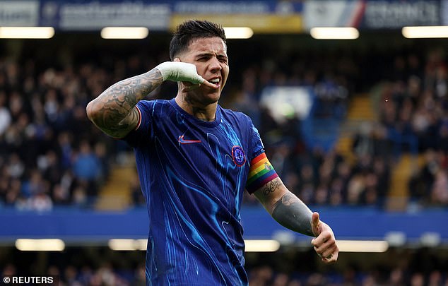 Enzo Fernandez celebrated his goal against Aston Villa with his increasingly ubiquitous phone gesture