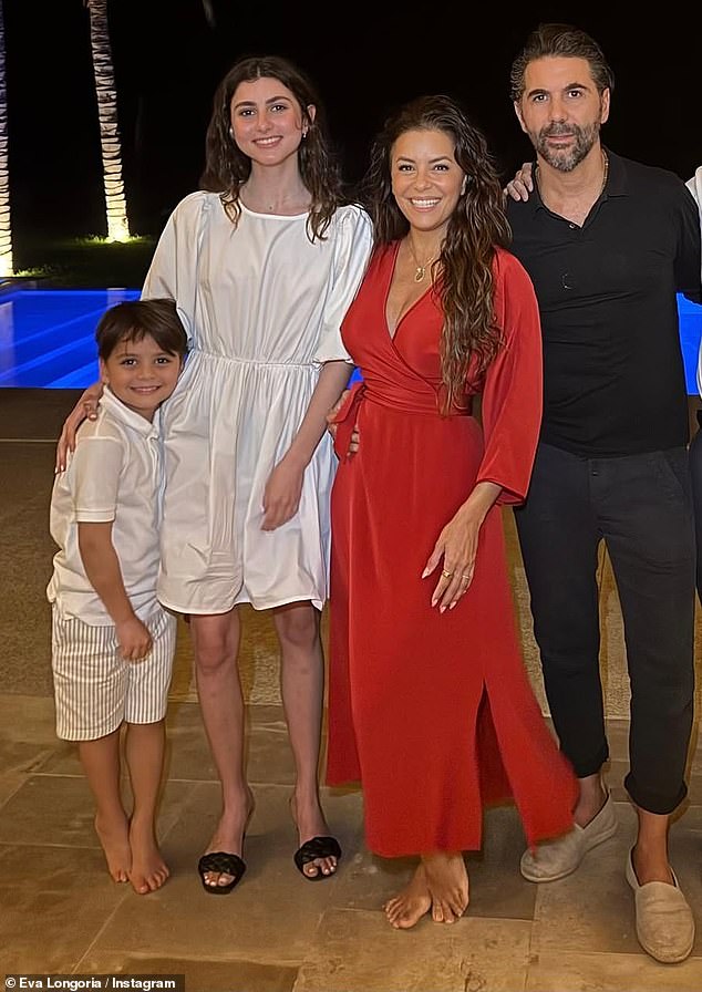 Her outing comes after she offered fans a rare glimpse of her beautiful blended family during their sun-soaked Spanish holiday (pictured by Eva's son Santiago, Mariana, Eva and her husband José Antonio Bastón)