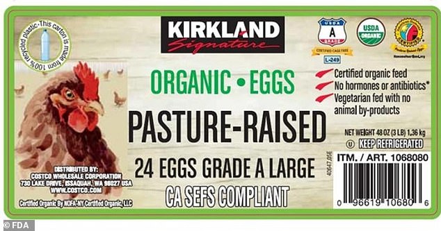 The organic pasture-raised 24-piece eggs with the UPC number 9661910680 are packaged in plastic egg cartons with Kirkland's signature on the top