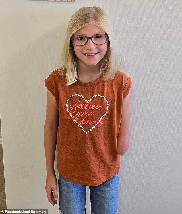 Remy Bateman, a nine-year-old from Utah, was born without her left arm below the elbow 'due to an amniotic band in the uterus'