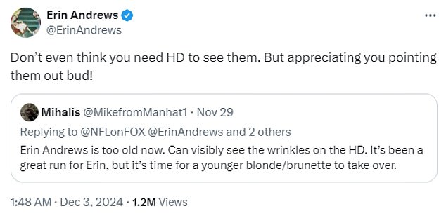 The 46-year-old Fox Sports reporter sarcastically told the man that a television doesn't have to be HD for viewers to see the 'wrinkles' on her face