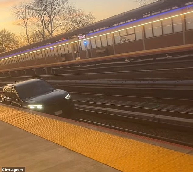 Basilio Hidalgo, 40, Brooklyn, was charged Sunday with reckless endangerment, criminal trespass and driving under the influence after he was caught driving his black SUV along the tracks at the Elmont-UBS Arena station (photo)