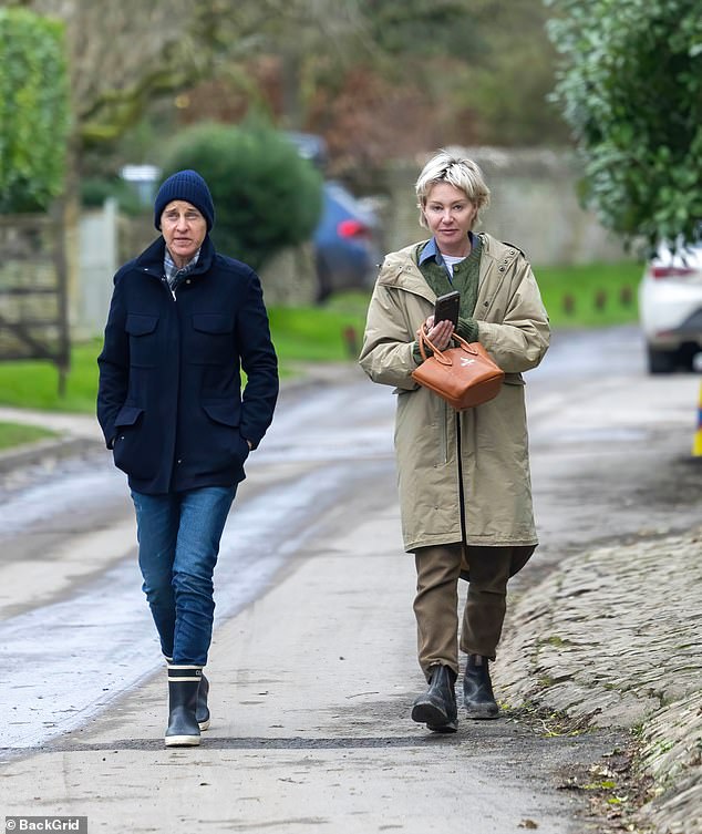 Ellen DeGeneres and her wife Portia de Rossi (right) have stepped out together for the first time since moving from sunny California to the rainy English countryside.