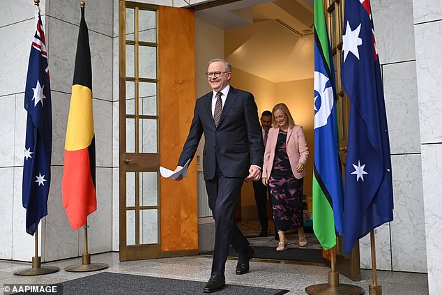 Anthony Albanese (pictured) has displayed Aboriginal and Torres Strait Islander flags alongside the Australian flag at press conferences since becoming Prime Minister in 2022