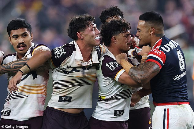 Fans noticed that Spencer Leniu (pictured far right) was out for eight weeks after allegedly racially abusing the Broncos playmaker in the first round this season