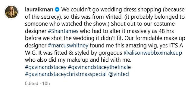 Laura shared the Insta photos of herself posing in her wedding dress on set, explaining: 'We couldn't go wedding dress shopping (because of the secrecy) so this one was from Vinted'