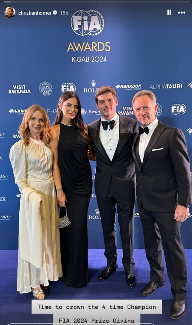 Geri wore an elegant long-sleeved dress with delicate diamond detailing and paired the look with silver peep-toe wedges, while Christian looked dapper in a tuxedo