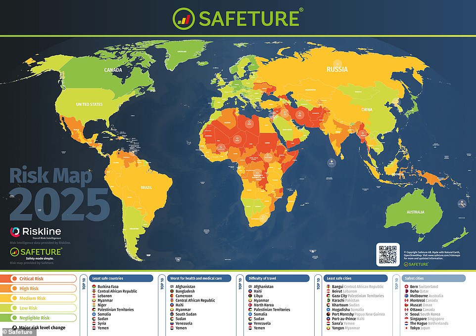 Israel, the West Bank, Gaza, Lebanon and Iran are among the most dangerous countries in the world to visit in 2025, according to the World Risk Map showing where travelers are most likely to face security threats