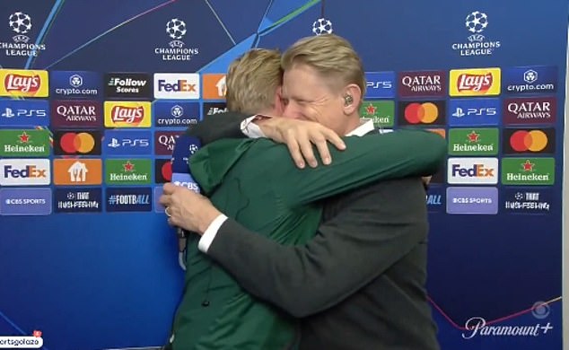 Peter Schmeichel shared a hug with son Kasper in the air after his offspring kept a clean sheet